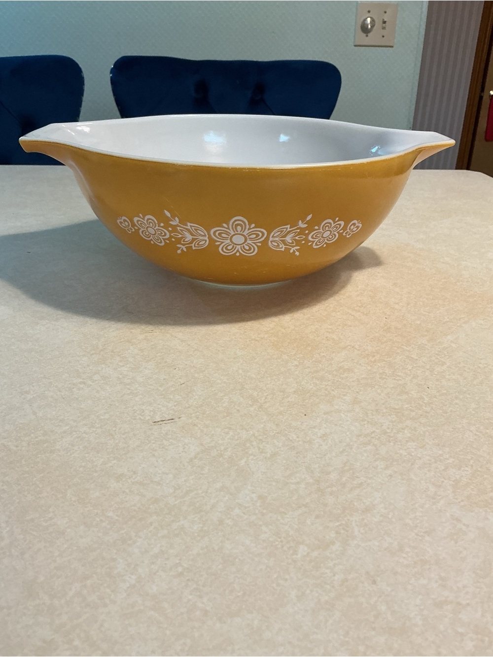 Vintage Pyrex Yellow Floral Mixing Bowl with Dual Spouts